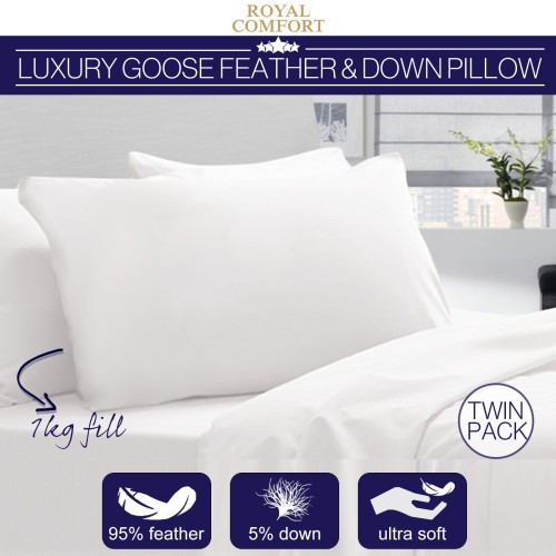 Royal Comfort 1000GSM Goose Feather and Down Pillow Twin Pack